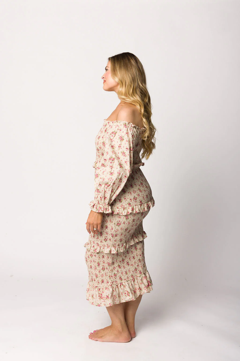 Lila Floral Printed Smocked Midi Dress in Pink - Bump Friendly *Final-Sale* - Image 16