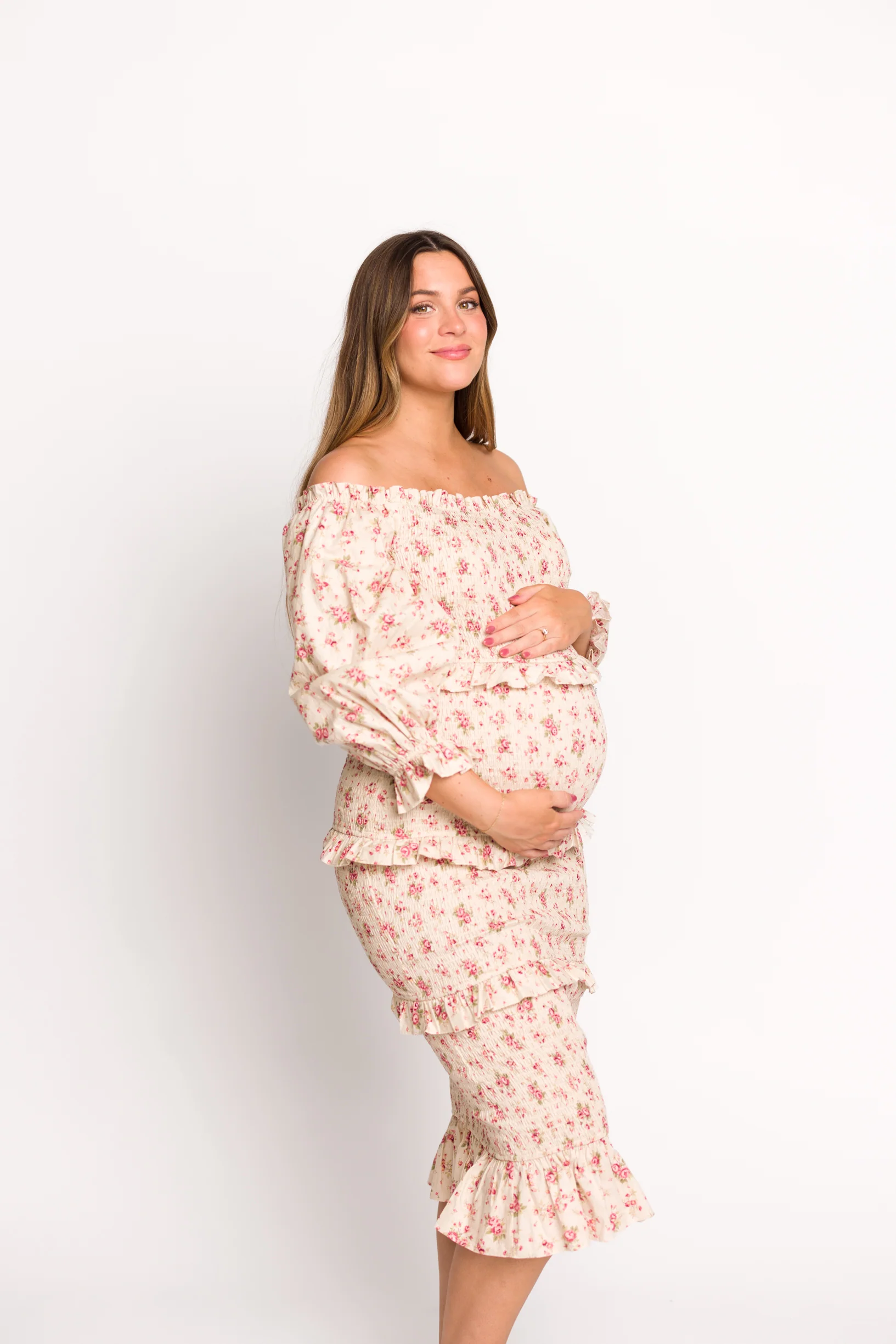 Lila Floral Printed Smocked Midi Dress in Pink - Bump Friendly *Final-Sale* - Image 4