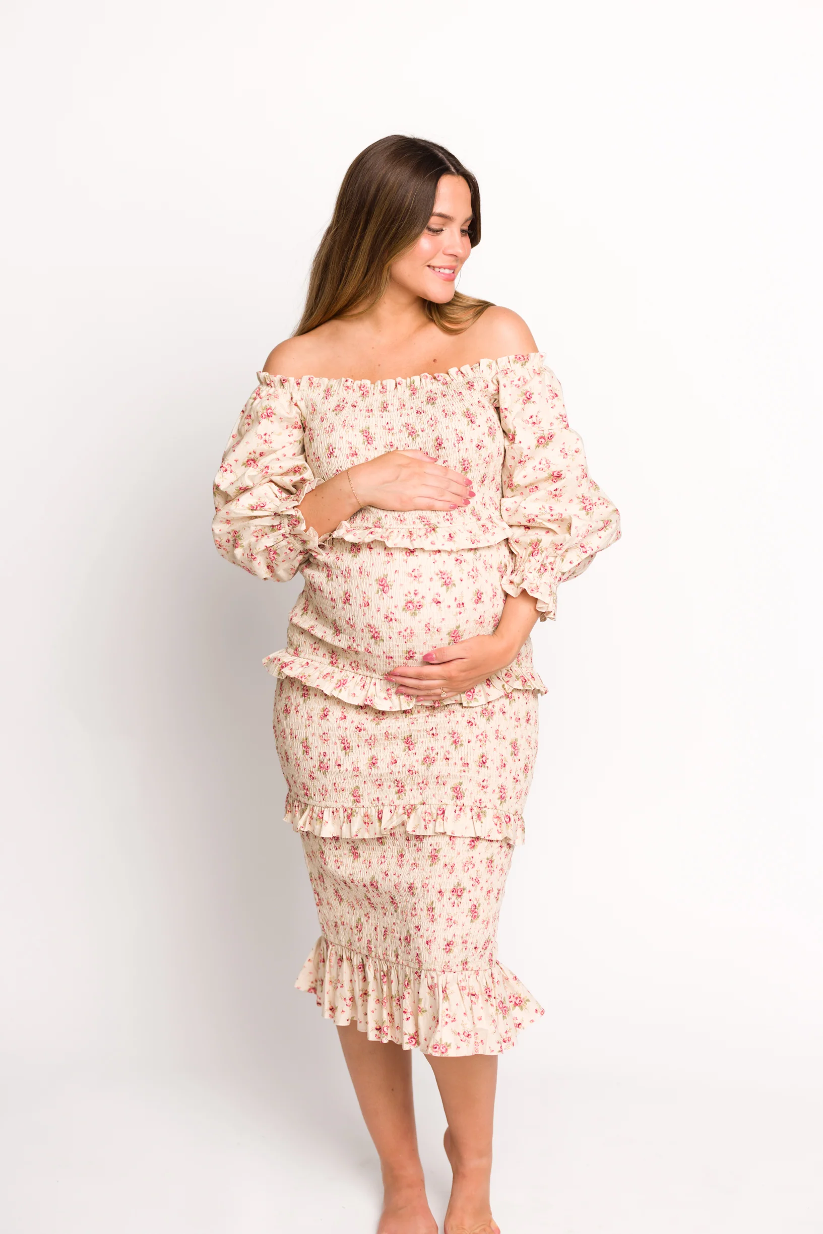 Lila Floral Printed Smocked Midi Dress in Pink - Bump Friendly *Final-Sale* - Image 5