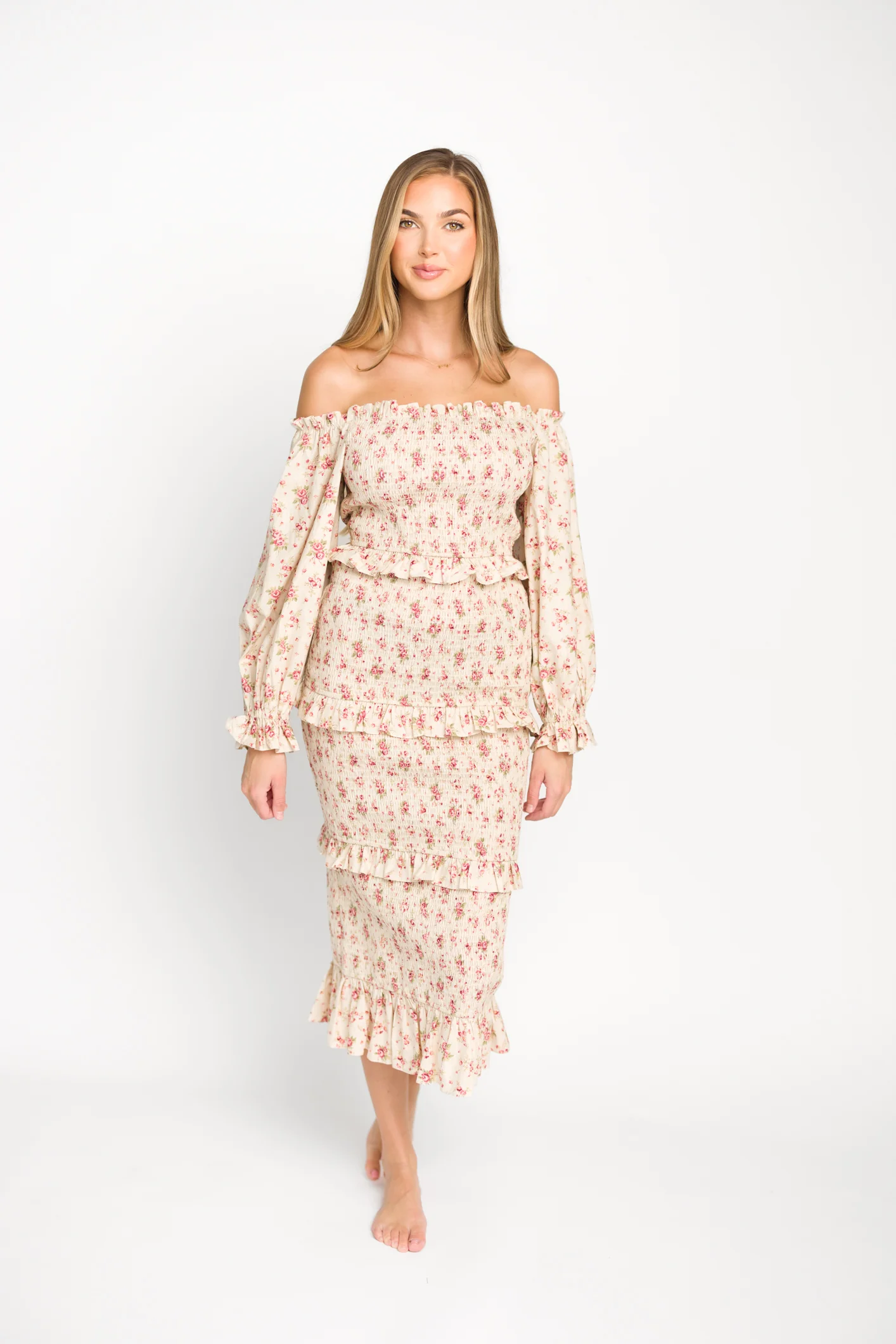 Lila Floral Printed Smocked Midi Dress in Pink - Bump Friendly *Final-Sale* - Image 6