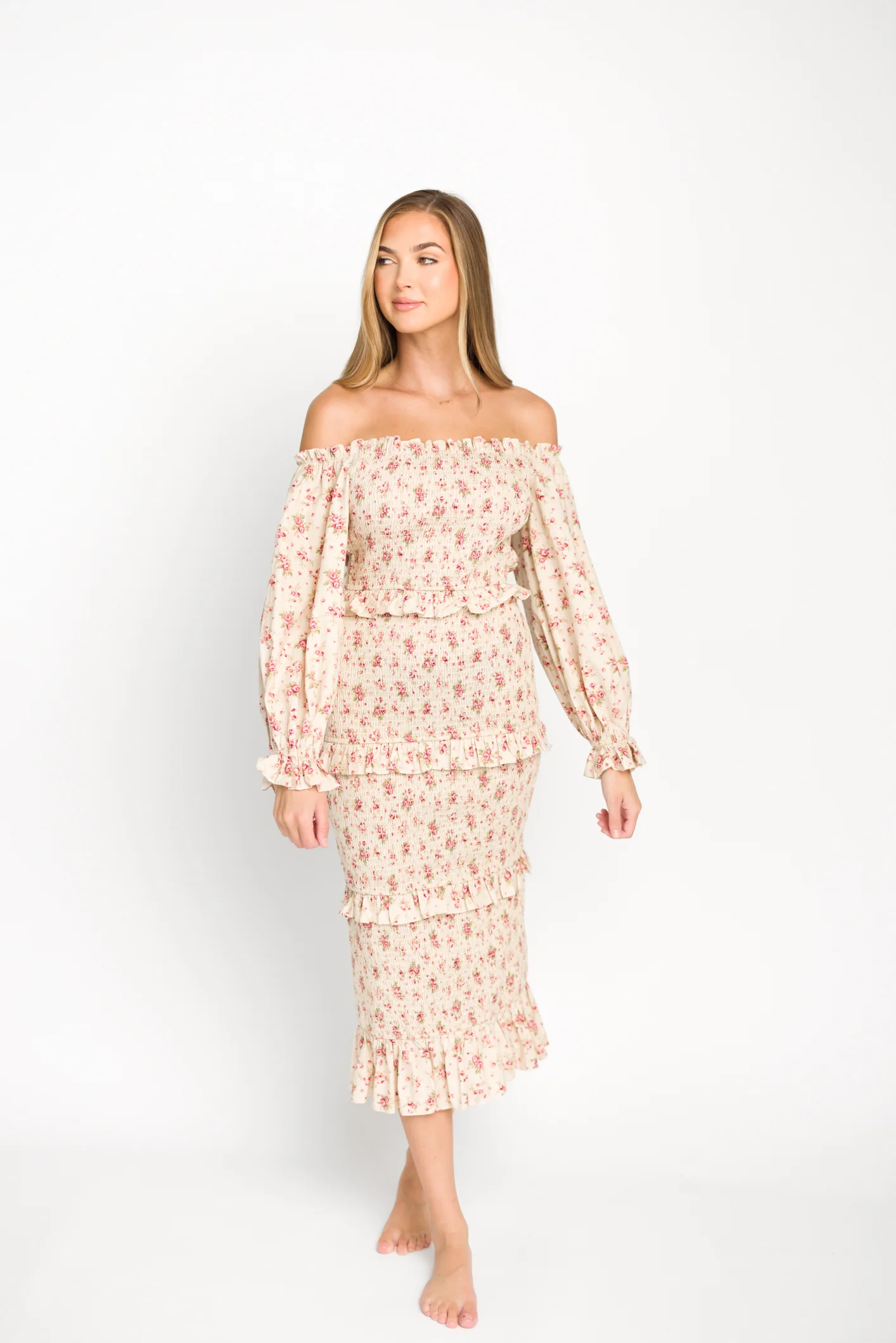 Lila Floral Printed Smocked Midi Dress in Pink - Bump Friendly *Final-Sale* - Image 9