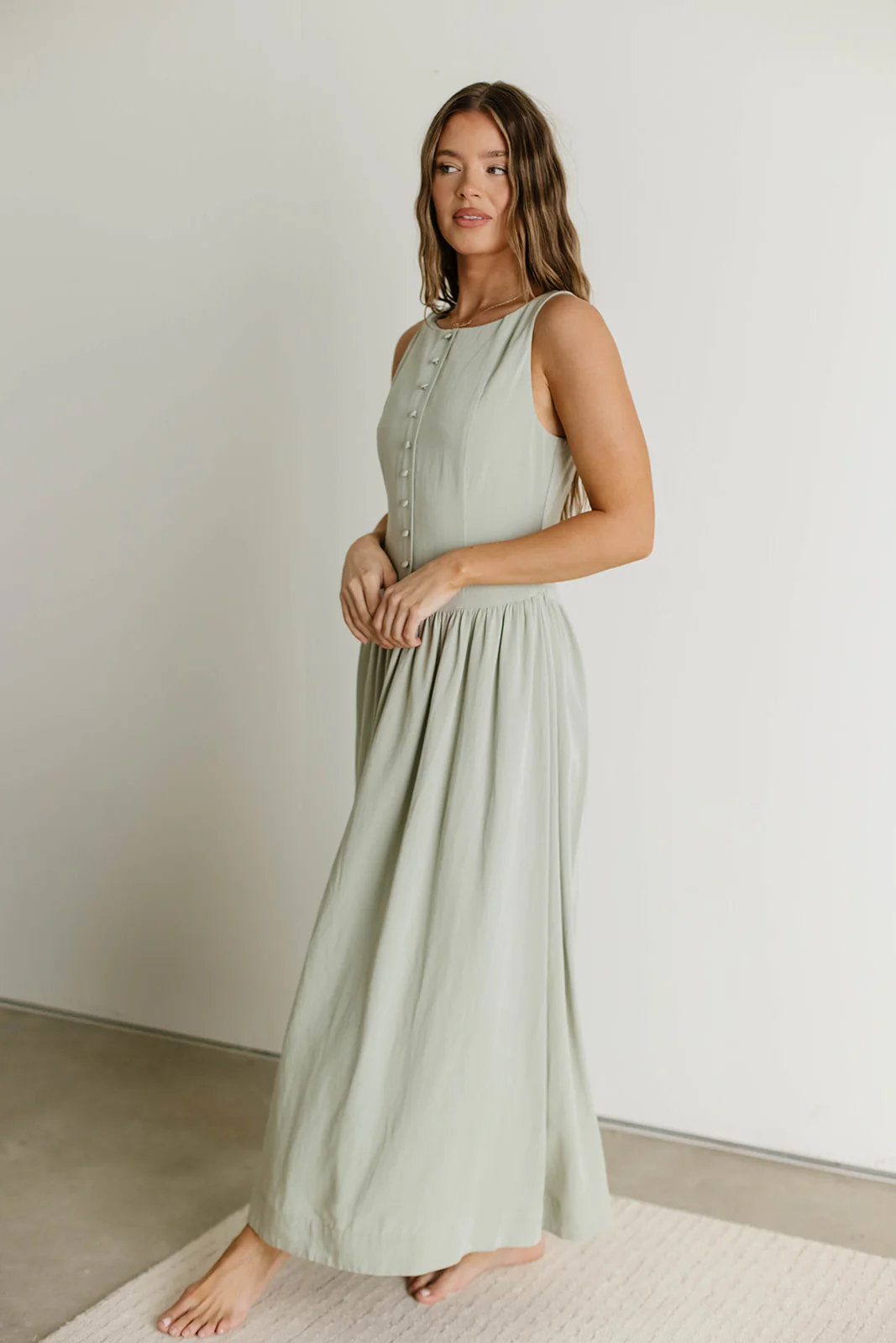 Foster Boat Neck Front Button Detail Midi Dress in Olive