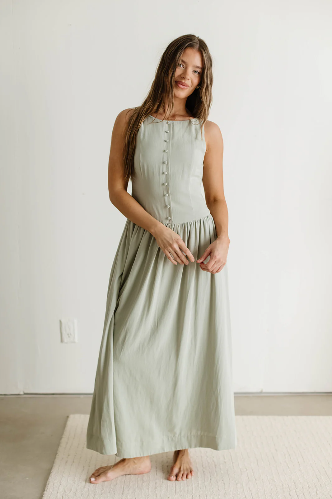 Foster Boat Neck Front Button Detail Midi Dress in Olive - Image 3