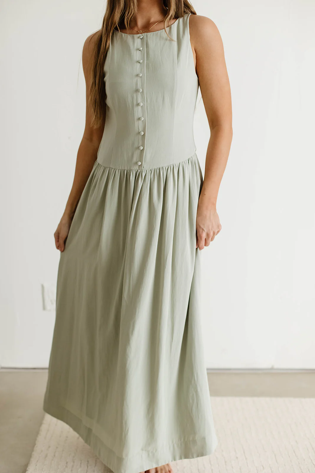 Foster Boat Neck Front Button Detail Midi Dress in Olive - Image 4