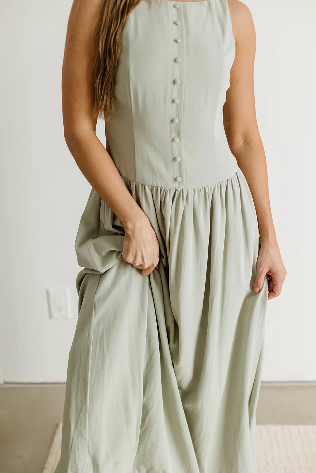 Foster Boat Neck Front Button Detail Midi Dress in Olive - Image 5
