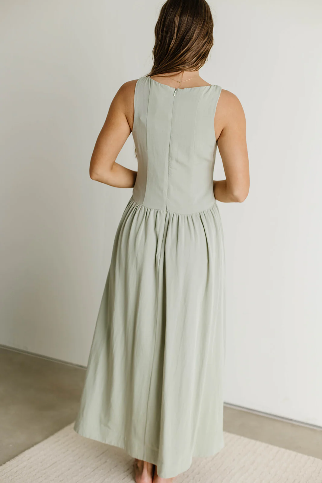 Foster Boat Neck Front Button Detail Midi Dress in Olive - Image 6