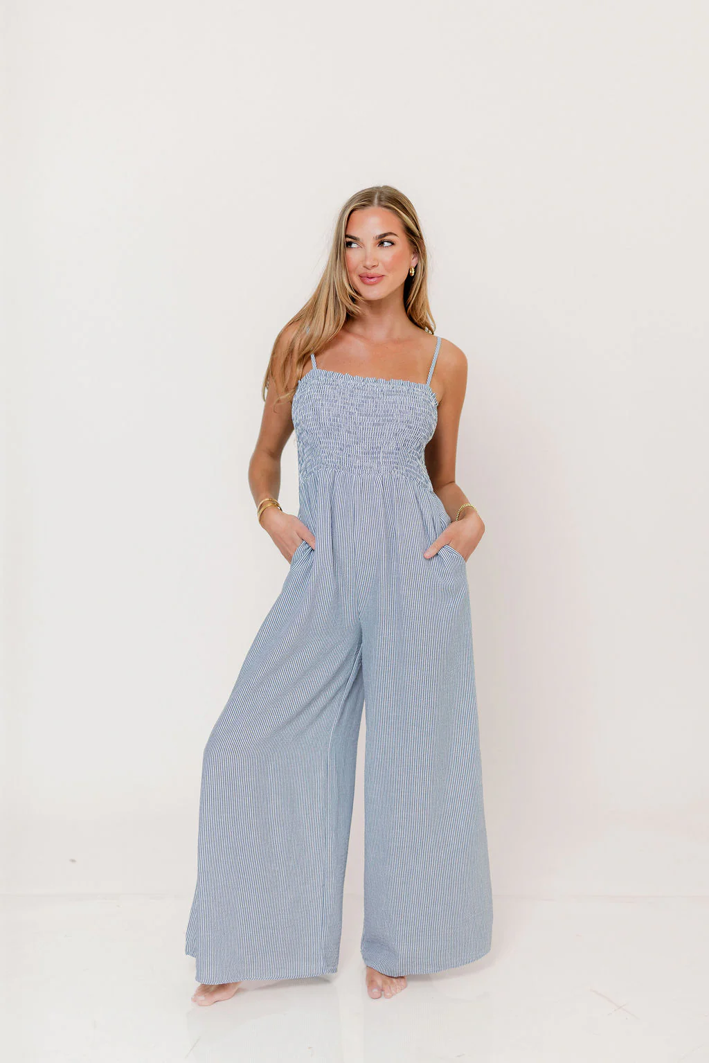 Garden Sun Smocked Jumpsuit in Blue