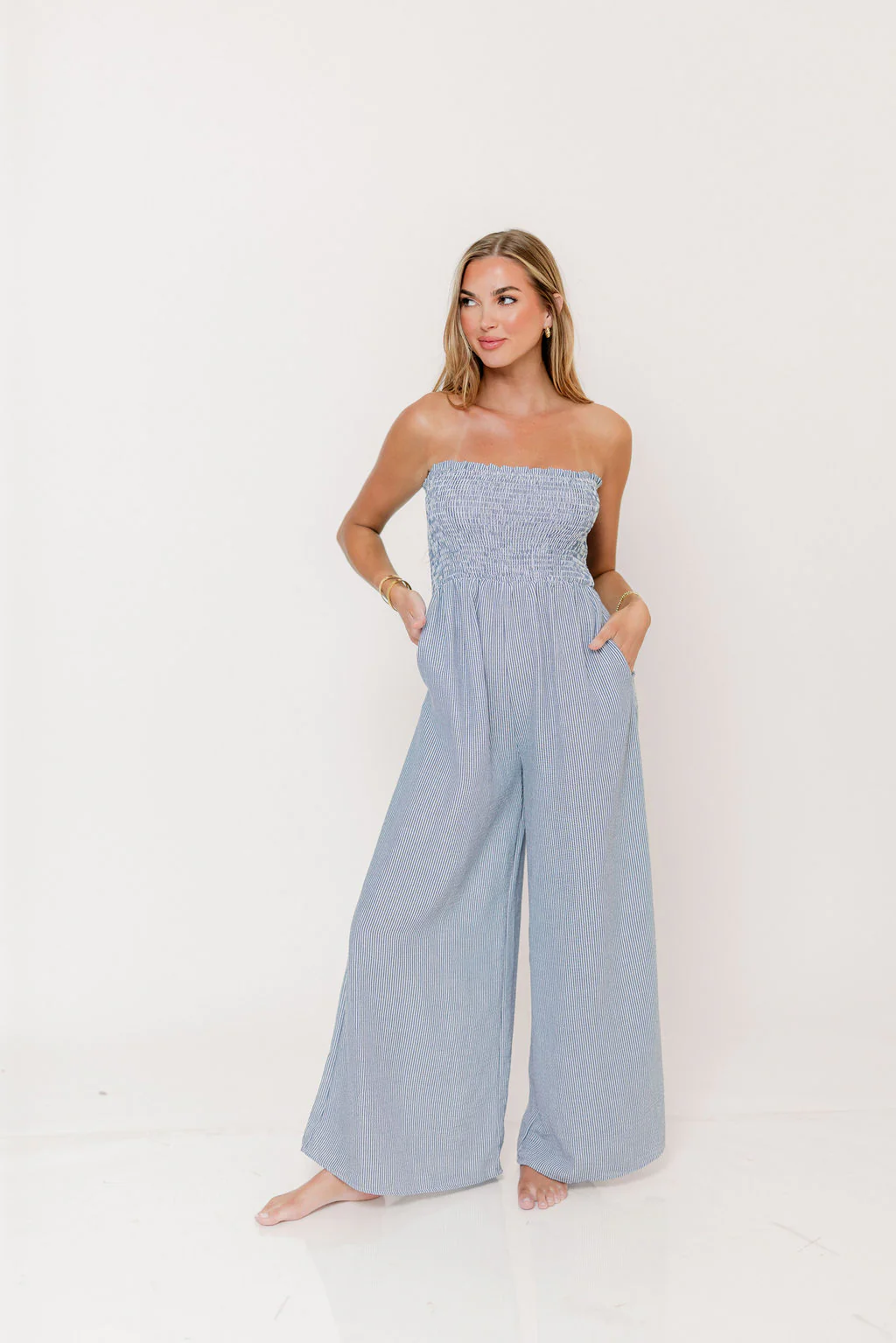 Garden Sun Smocked Jumpsuit in Blue - Image 6