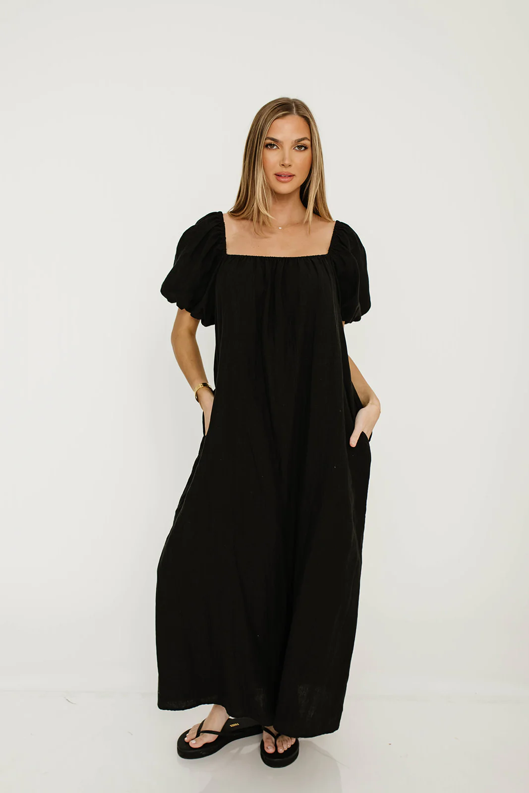 Genoa 100% Linen Maxi Dress in Black - Bump Friendly - Image 3