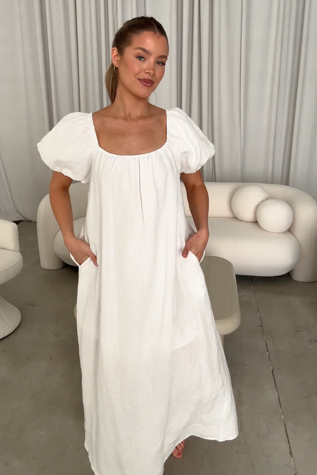 Genoa Linen Maxi Dress in Off-White - Bump Friendly - Image 15