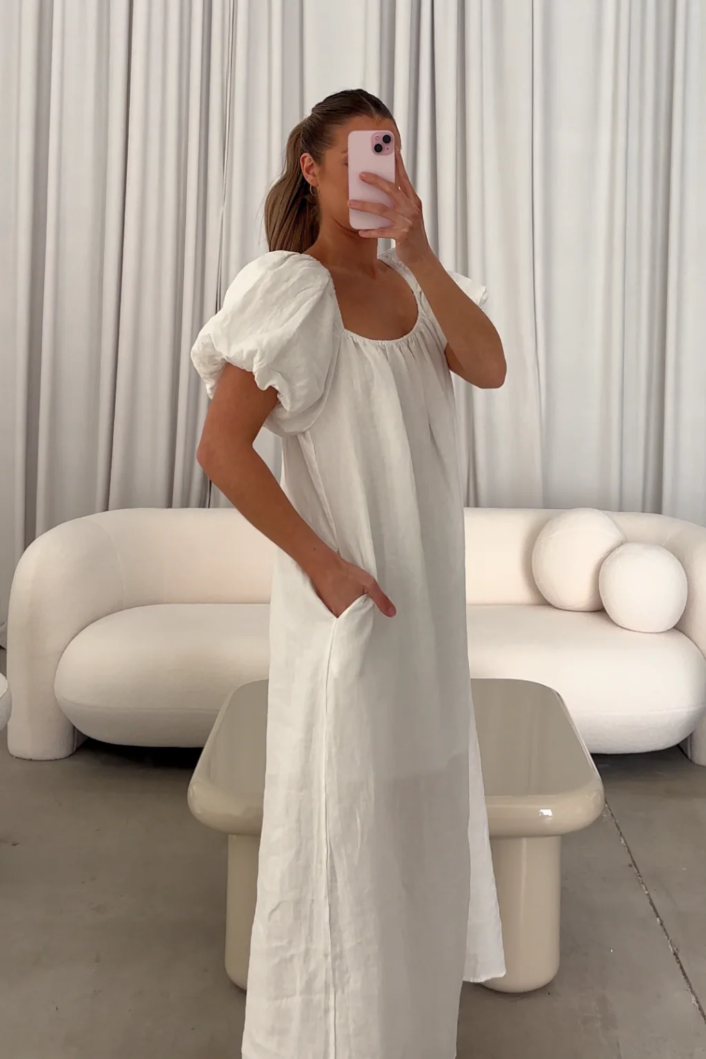 Genoa Linen Maxi Dress in Off-White - Bump Friendly - Image 17