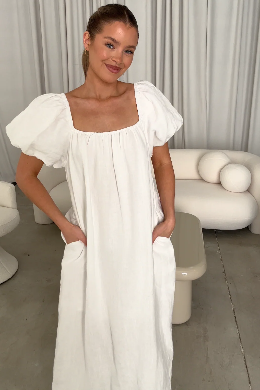 Genoa Linen Maxi Dress in Off-White - Bump Friendly - Image 9