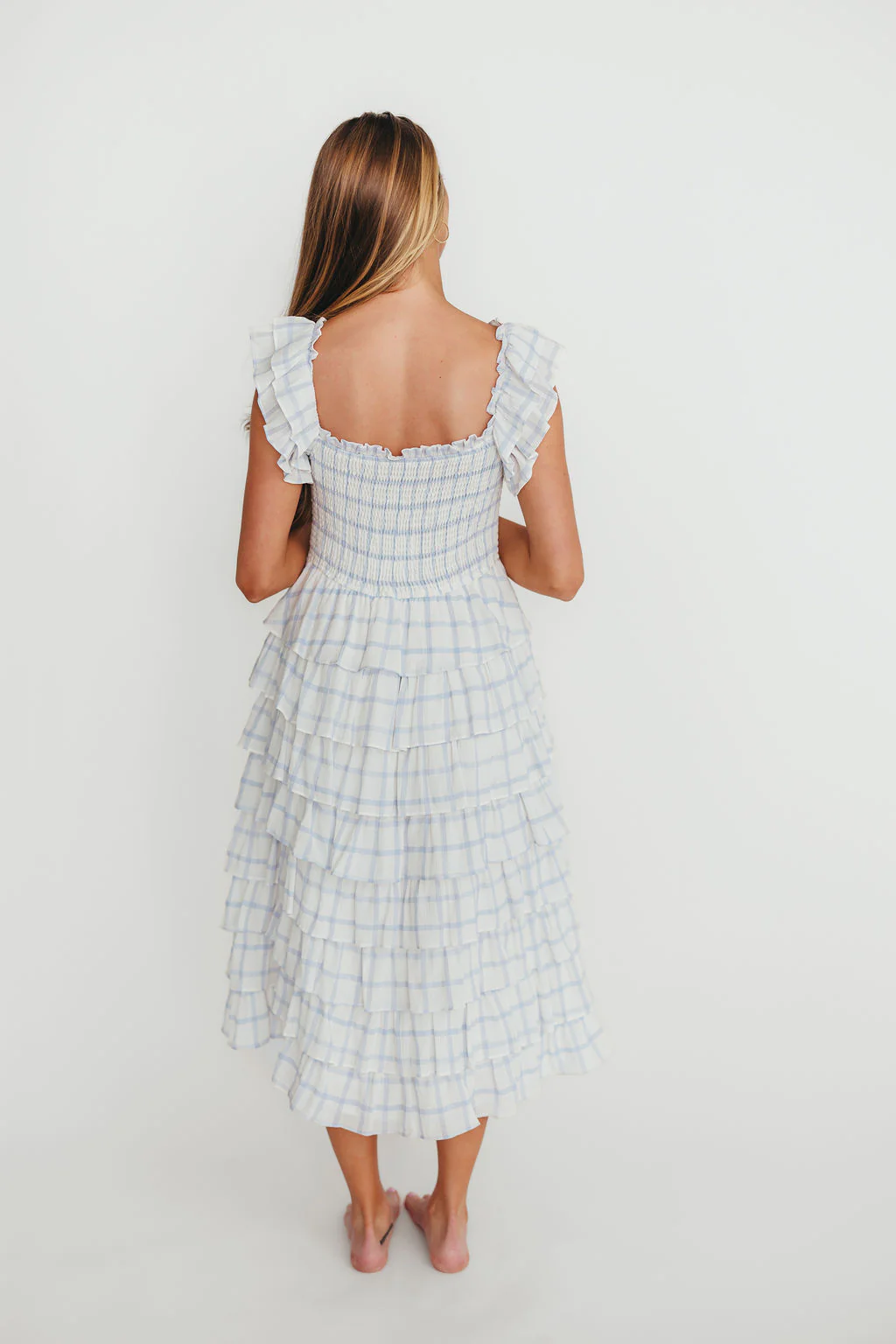 Adelynn Ruffle Midi Dress in White/Blue - Image 3