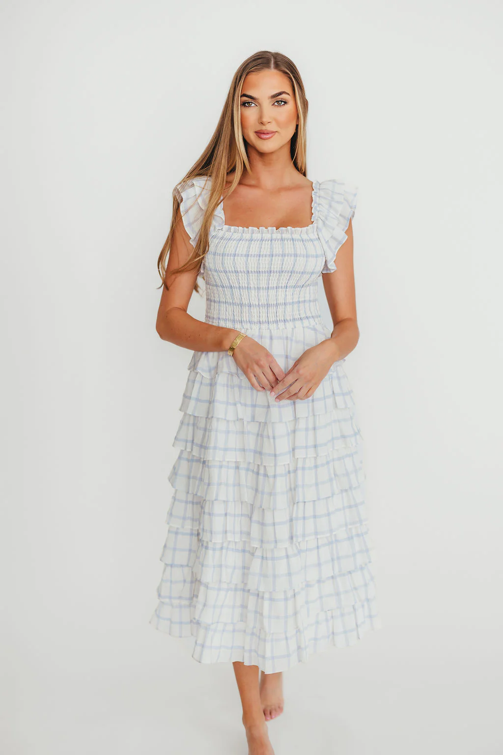 Adelynn Ruffle Midi Dress in White/Blue - Image 5