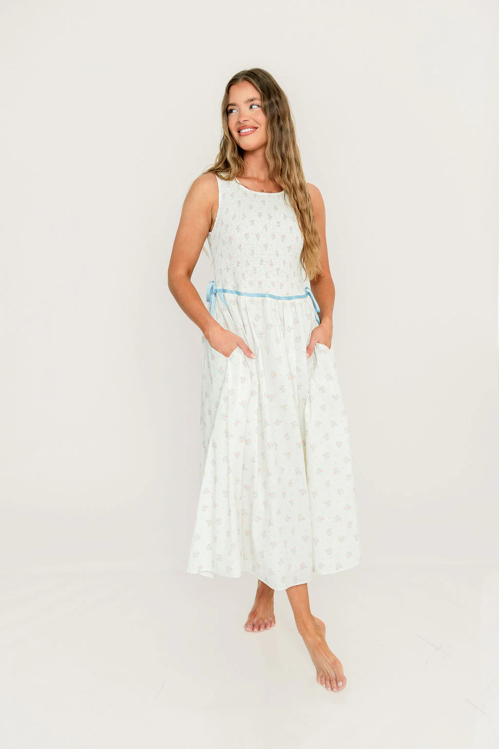 Giselle 100% Cotton Midi Dress in Cream/Blue - Image 6