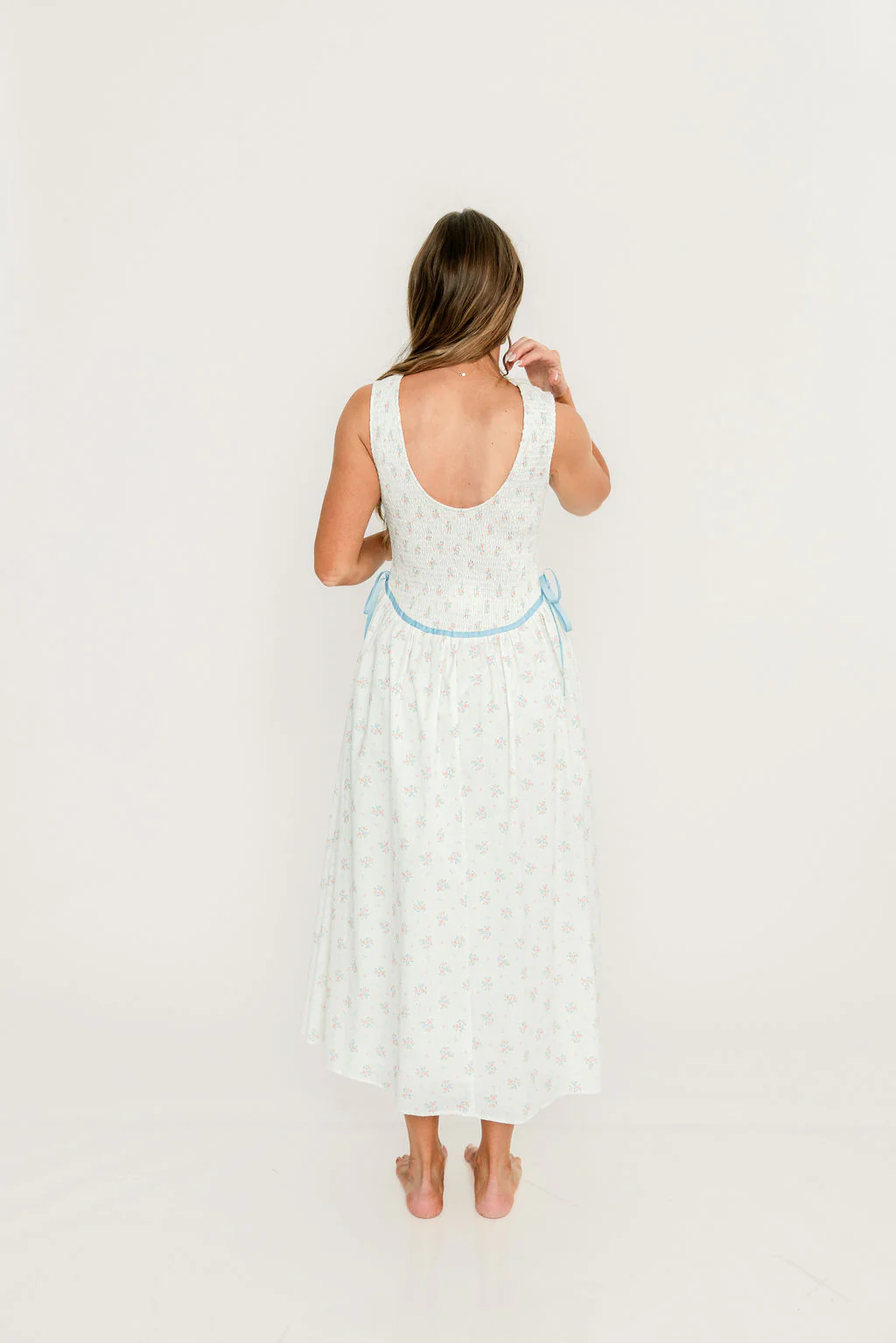 Giselle 100% Cotton Midi Dress in Cream/Blue - Image 8