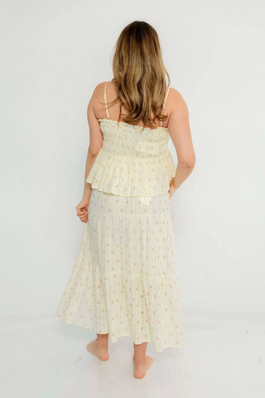 Gracie 100% Cotton Tiered Floral Midi Skirt in Butter Yellow - Image 13