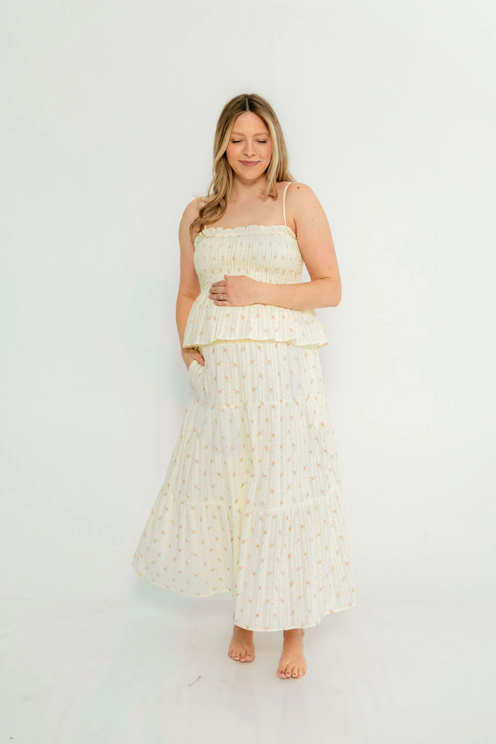 Gracie 100% Cotton Tiered Floral Midi Skirt in Butter Yellow - Image 14