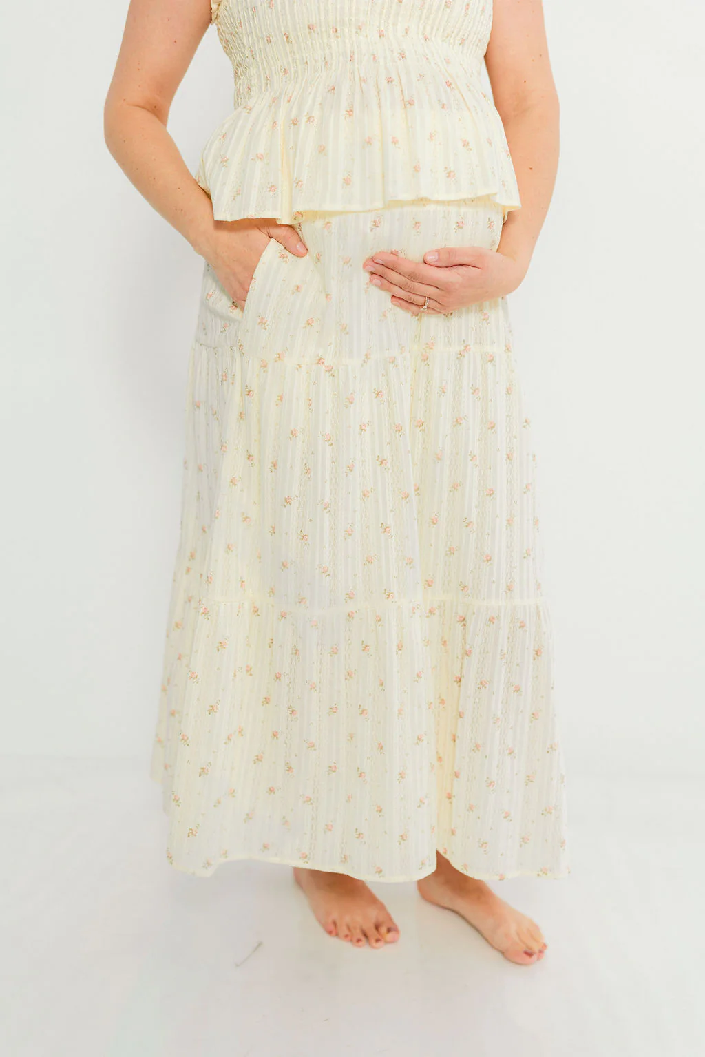 Gracie 100% Cotton Tiered Floral Midi Skirt in Butter Yellow - Image 16