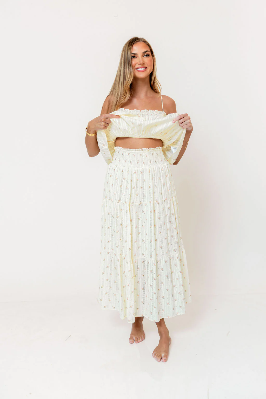 Gracie 100% Cotton Tiered Floral Midi Skirt in Butter Yellow - Image 3