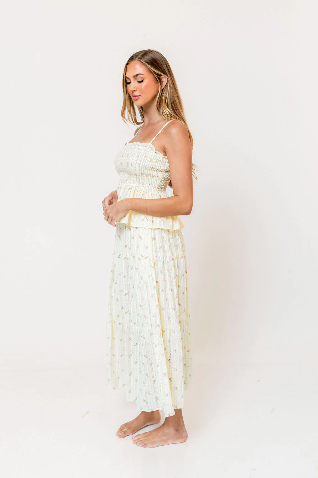 Gracie 100% Cotton Tiered Floral Midi Skirt in Butter Yellow - Image 4
