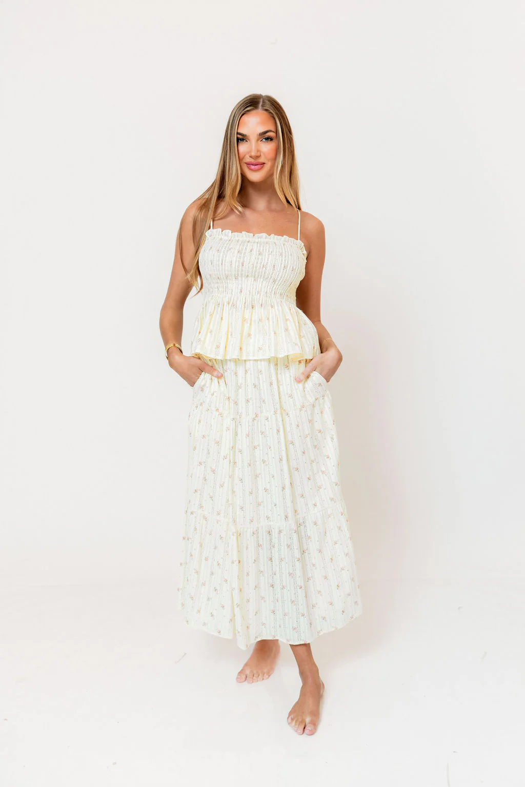 Gracie 100% Cotton Tiered Floral Midi Skirt in Butter Yellow - Image 7