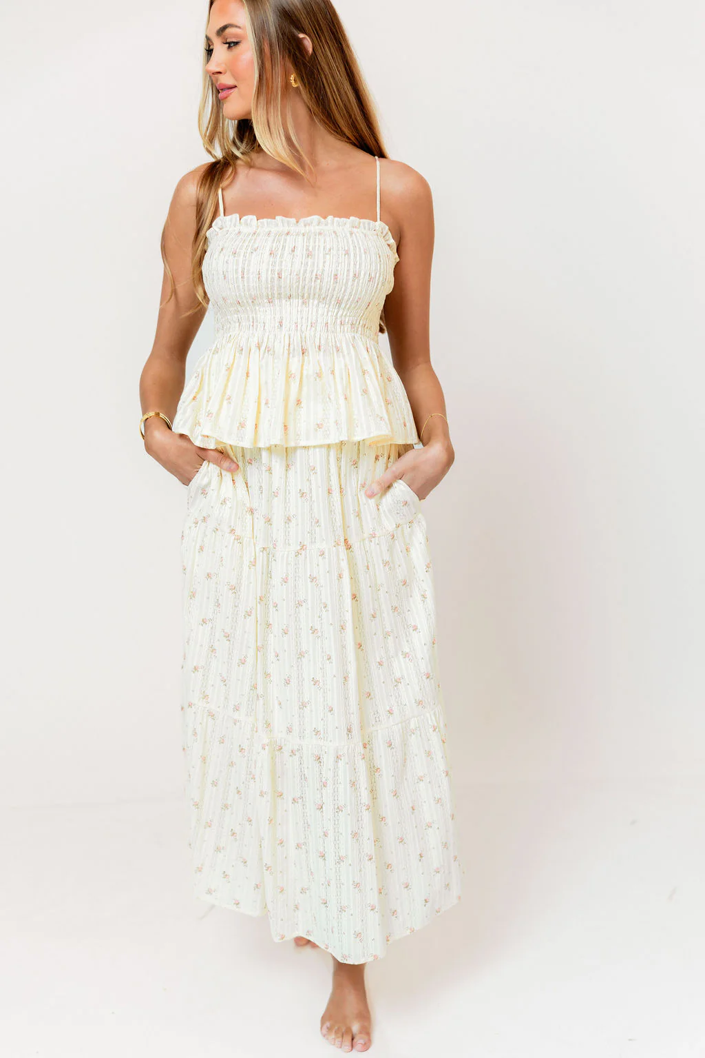 Gracie 100% Cotton Tiered Floral Midi Skirt in Butter Yellow - Image 8