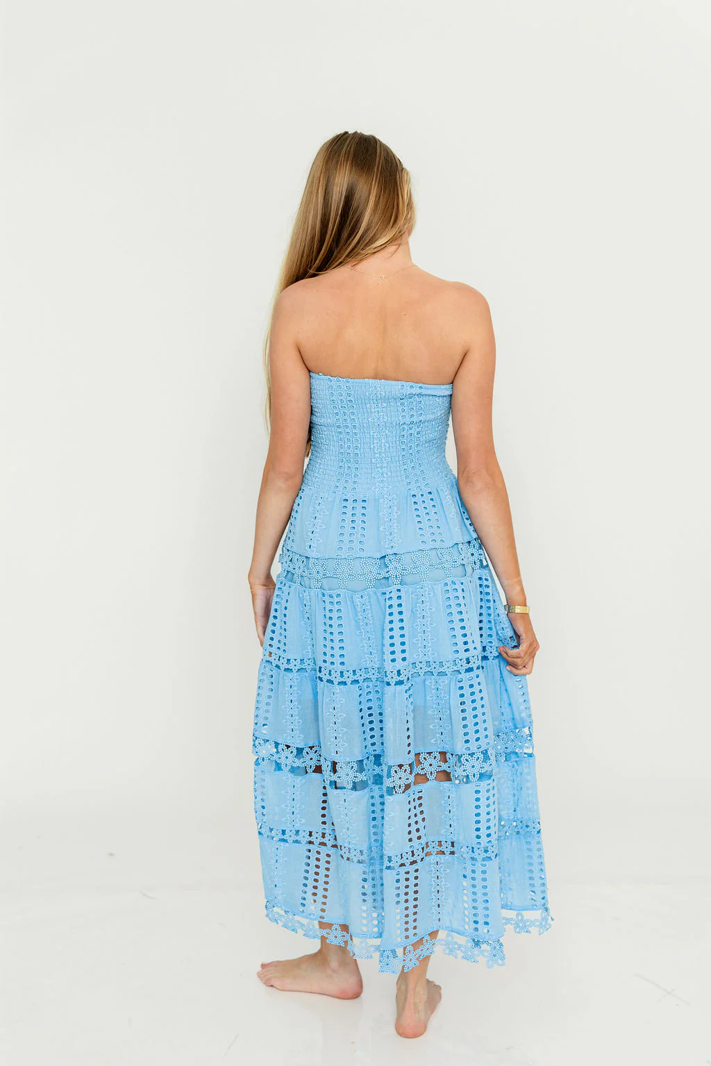 Hallie Eyelet Lace Tube Dress in Chambray - Image 11