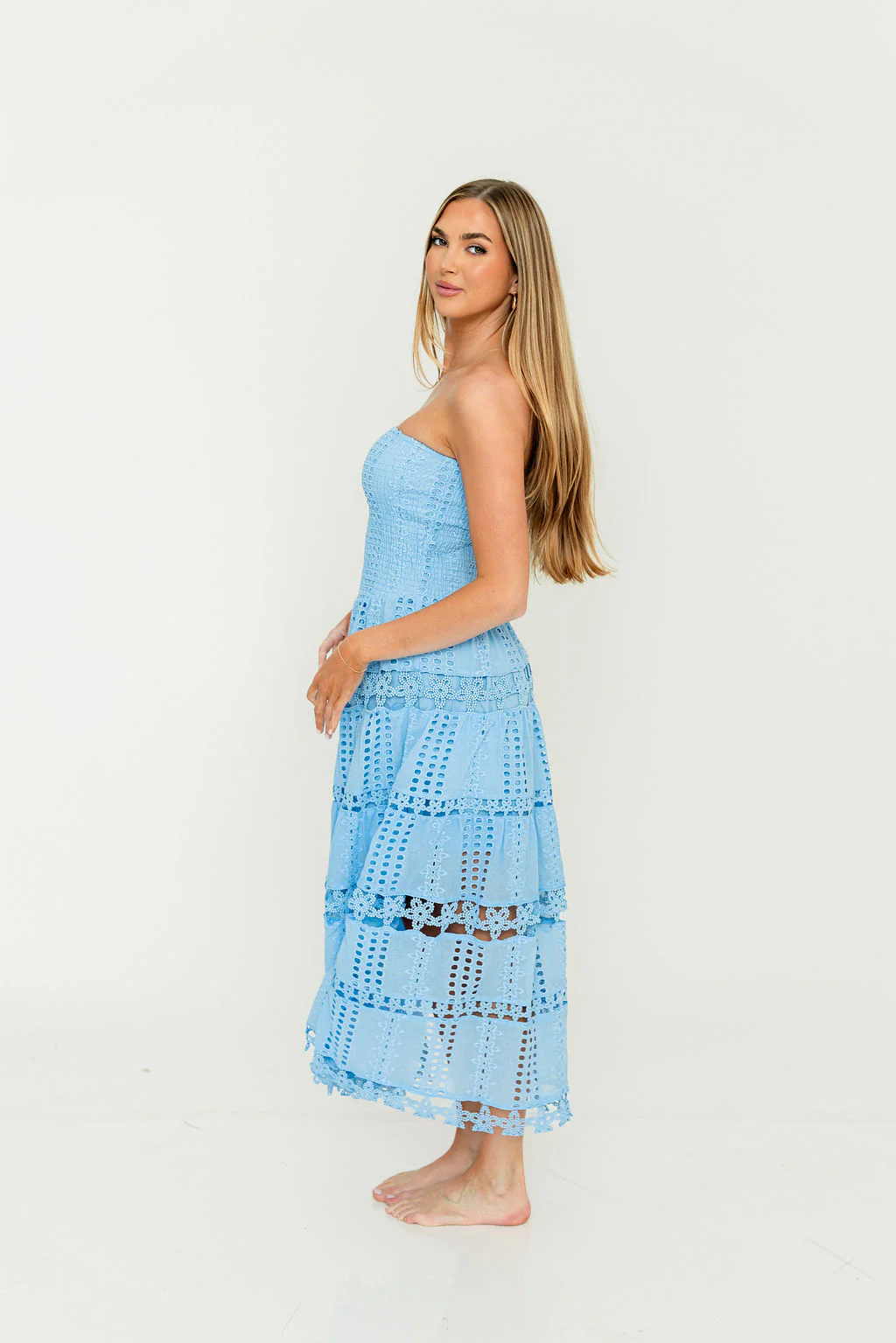 Hallie Eyelet Lace Tube Dress in Chambray - Image 5