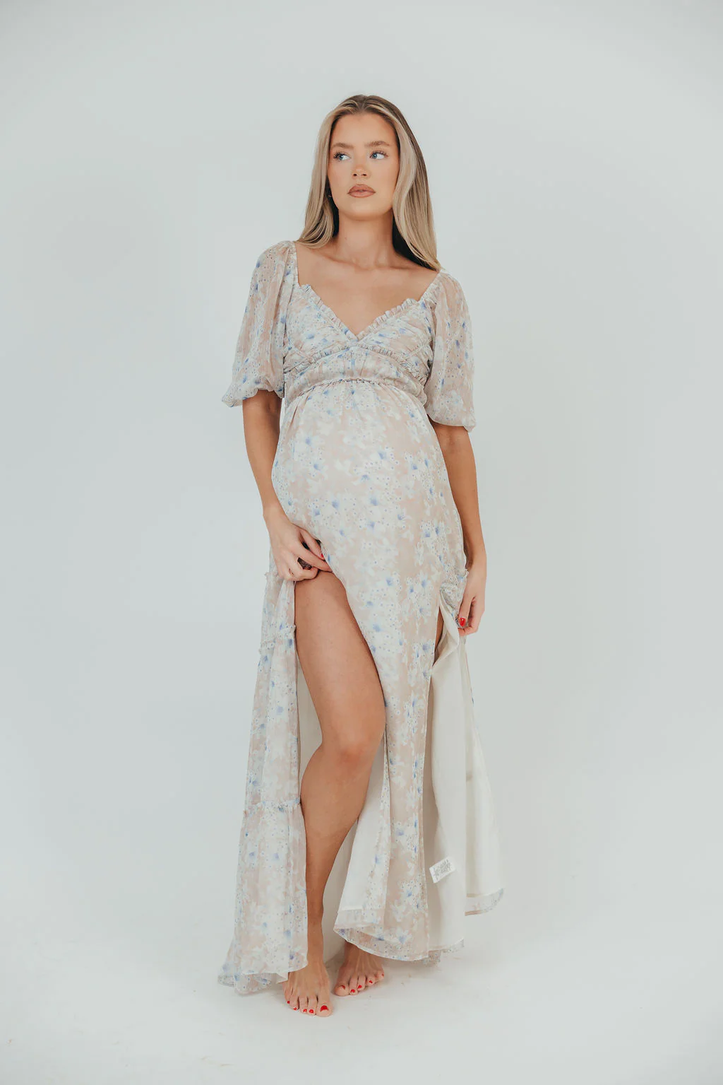 Daphne Maxi Dress in Beige/Blue Floral - Bump Friendly - Image 15