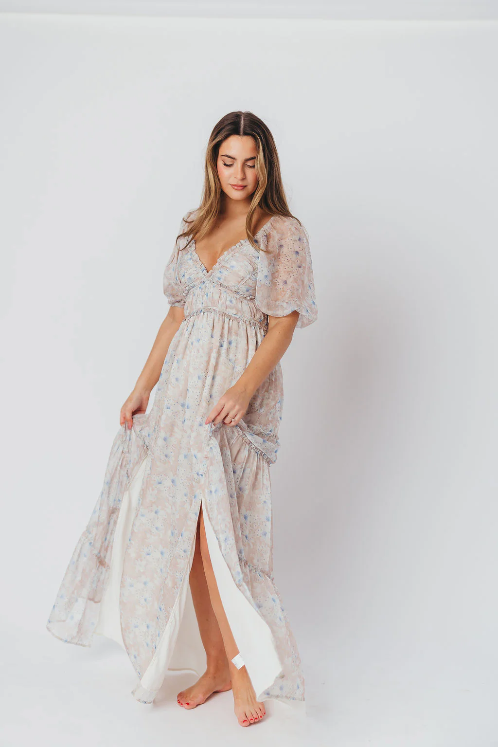 Daphne Maxi Dress in Beige/Blue Floral - Bump Friendly - Image 4