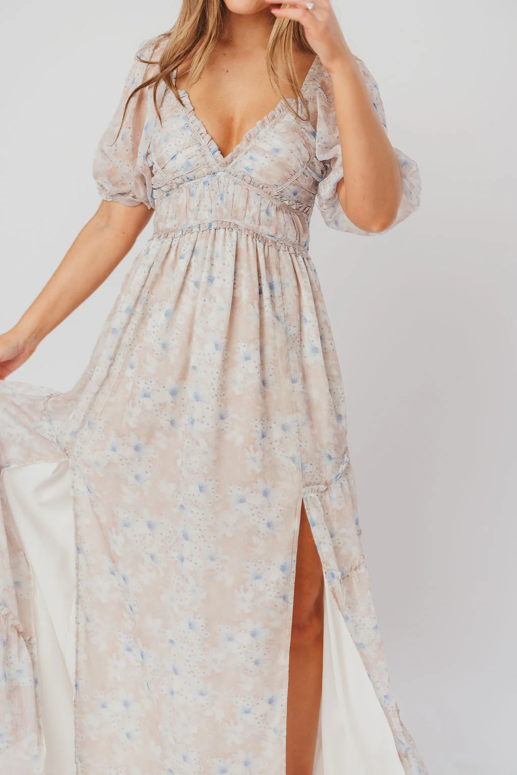 Daphne Maxi Dress in Beige/Blue Floral - Bump Friendly - Image 6