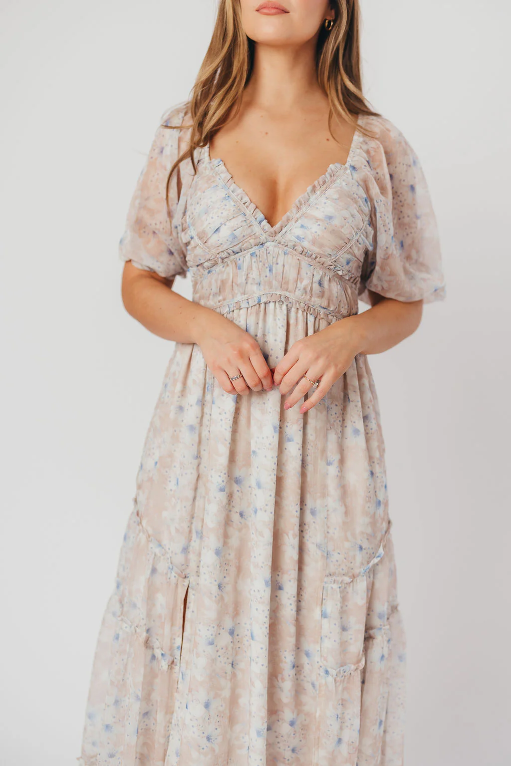 Daphne Maxi Dress in Beige/Blue Floral - Bump Friendly - Image 7