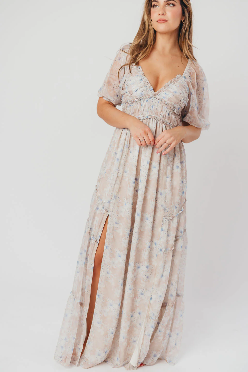 Daphne Maxi Dress in Beige/Blue Floral - Bump Friendly - Image 8