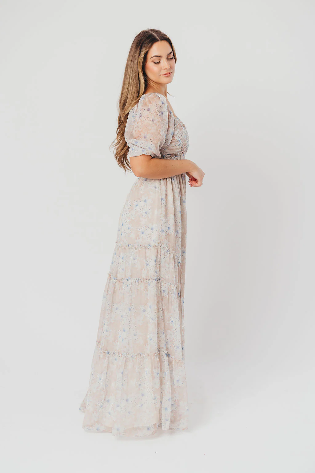 Daphne Maxi Dress in Beige/Blue Floral - Bump Friendly - Image 9