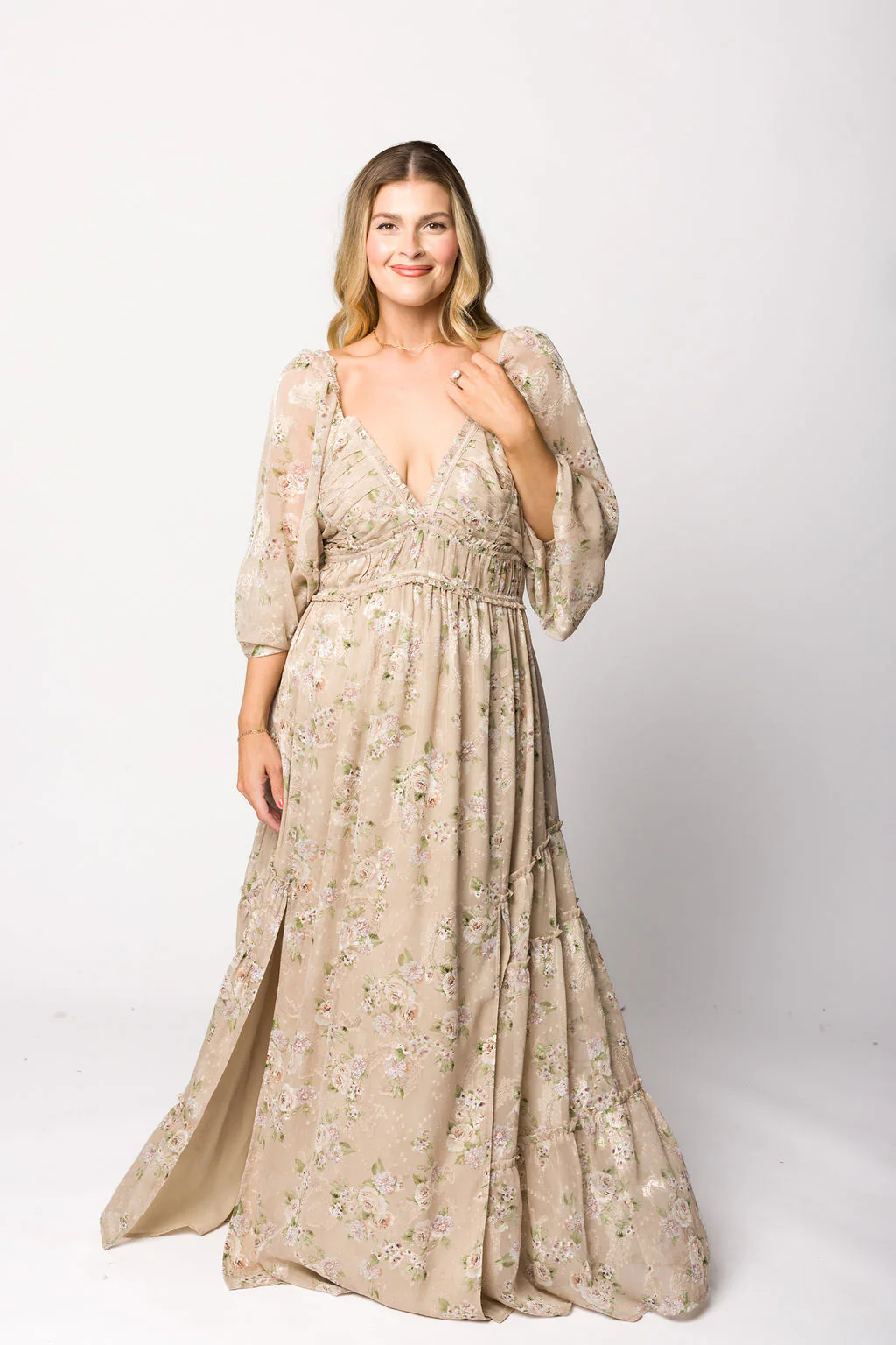 Daphne Long Sleeve Maxi Dress in Beige/Multi Floral - Bump Friendly & Inclusive Sizing (XS-3XL) - Image 13