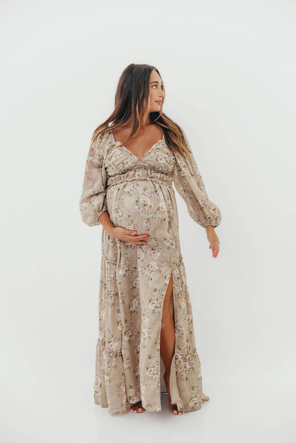 Daphne Long Sleeve Maxi Dress in Beige/Multi Floral - Bump Friendly & Inclusive Sizing (XS-3XL) - Image 3