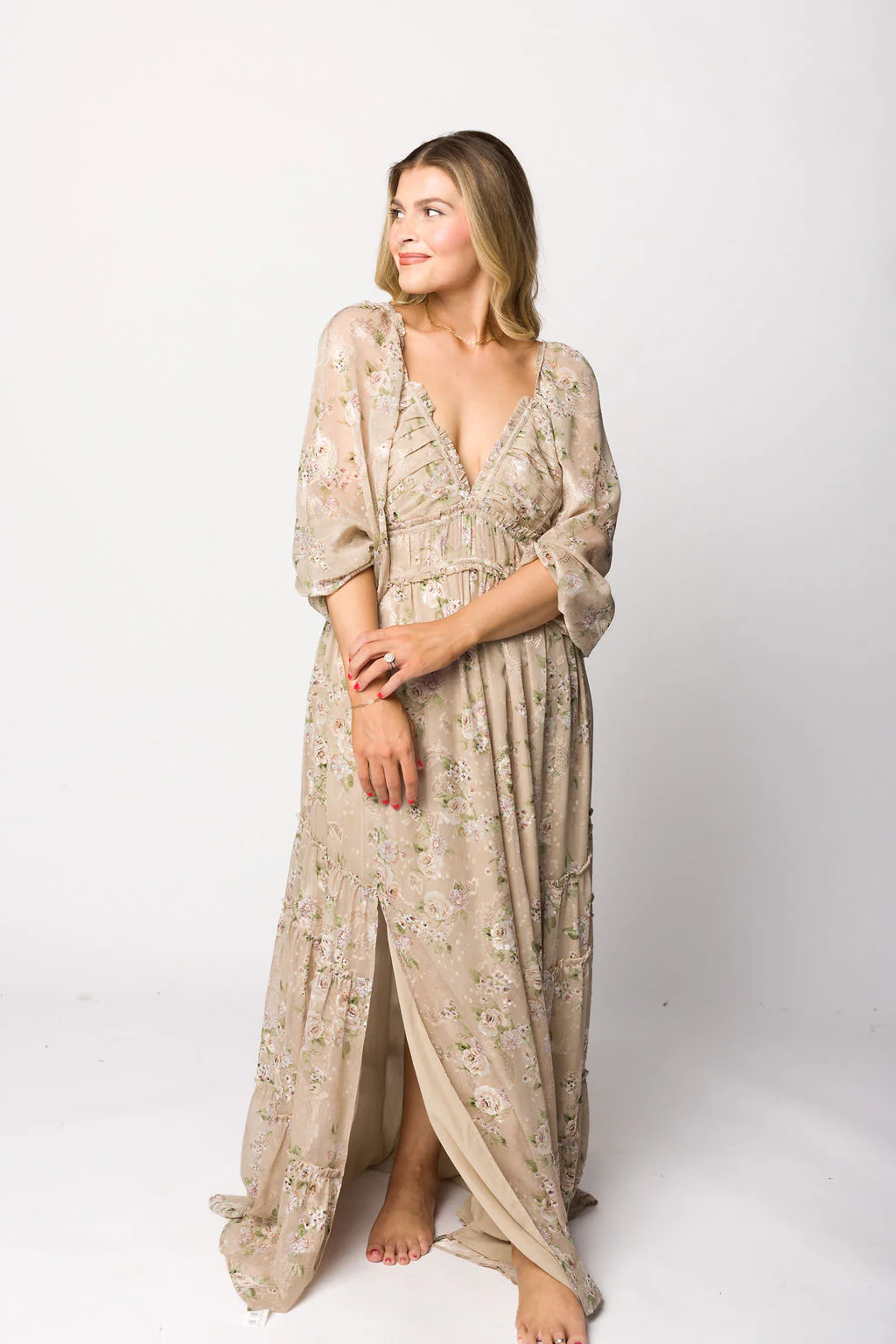 Daphne Long Sleeve Maxi Dress in Beige/Multi Floral - Bump Friendly & Inclusive Sizing (XS-3XL) - Image 4