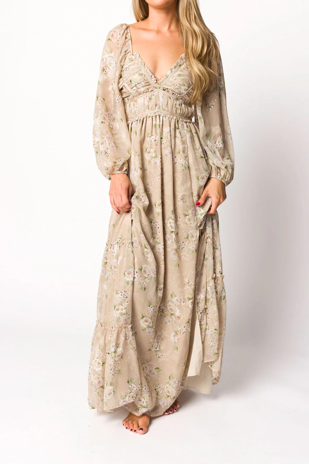 Daphne Long Sleeve Maxi Dress in Beige/Multi Floral - Bump Friendly & Inclusive Sizing (XS-3XL) - Image 6