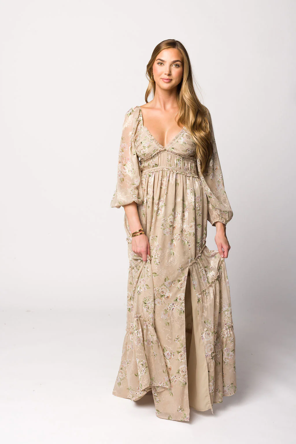 Daphne Long Sleeve Maxi Dress in Beige/Multi Floral - Bump Friendly & Inclusive Sizing (XS-3XL) - Image 7