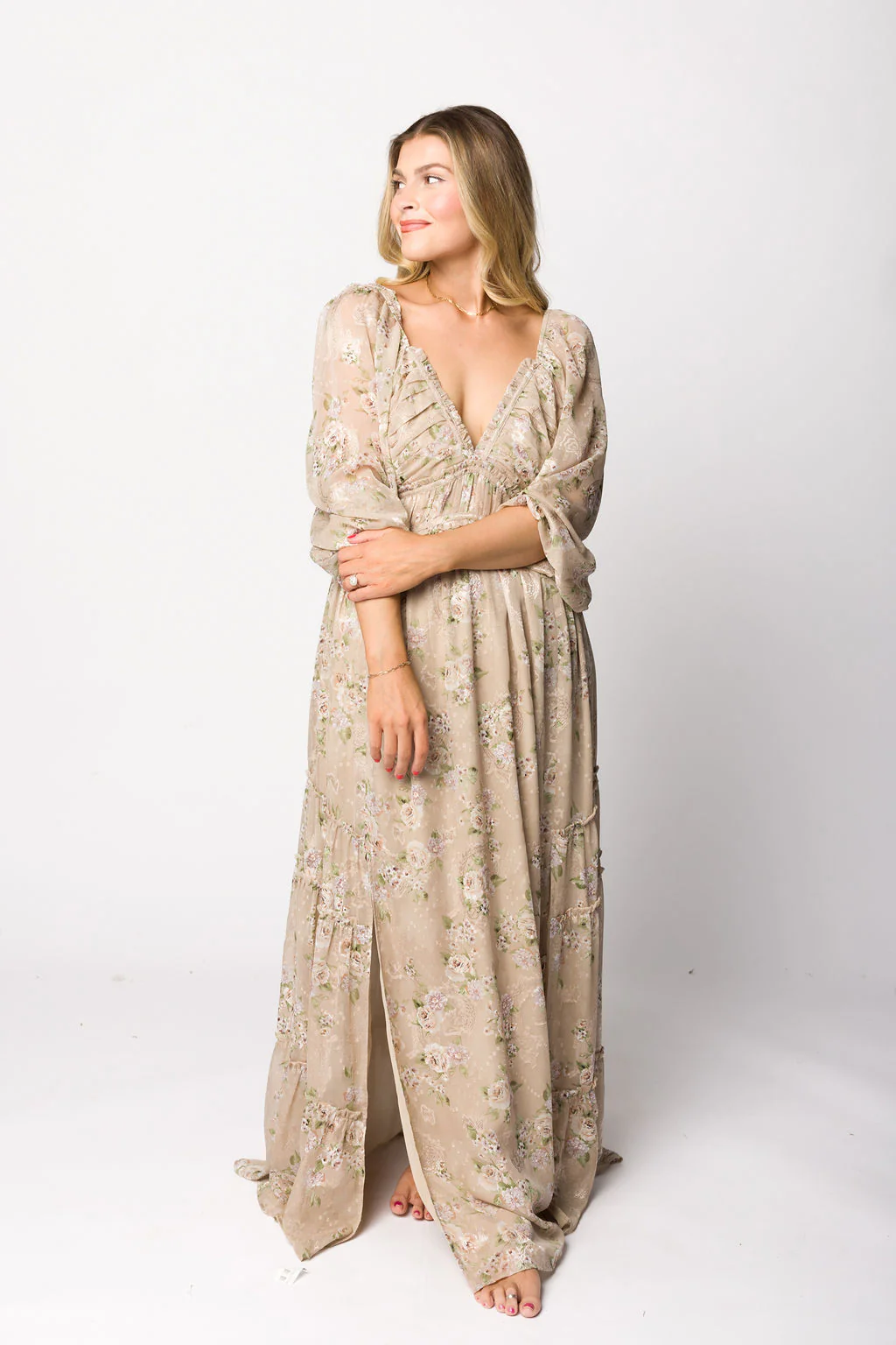 Daphne Long Sleeve Maxi Dress in Beige/Multi Floral - Bump Friendly & Inclusive Sizing (XS-3XL) - Image 8