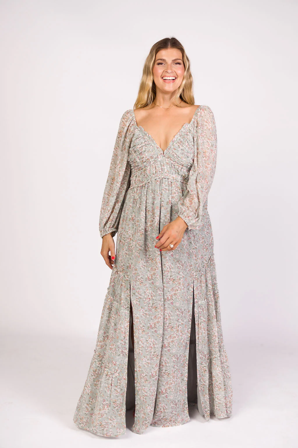 Daphne Long Sleeve Maxi Dress in Sage/Pink/Ivory Floral - Bump Friendly & Inclusive Sizing (XS-3XL) - Image 3