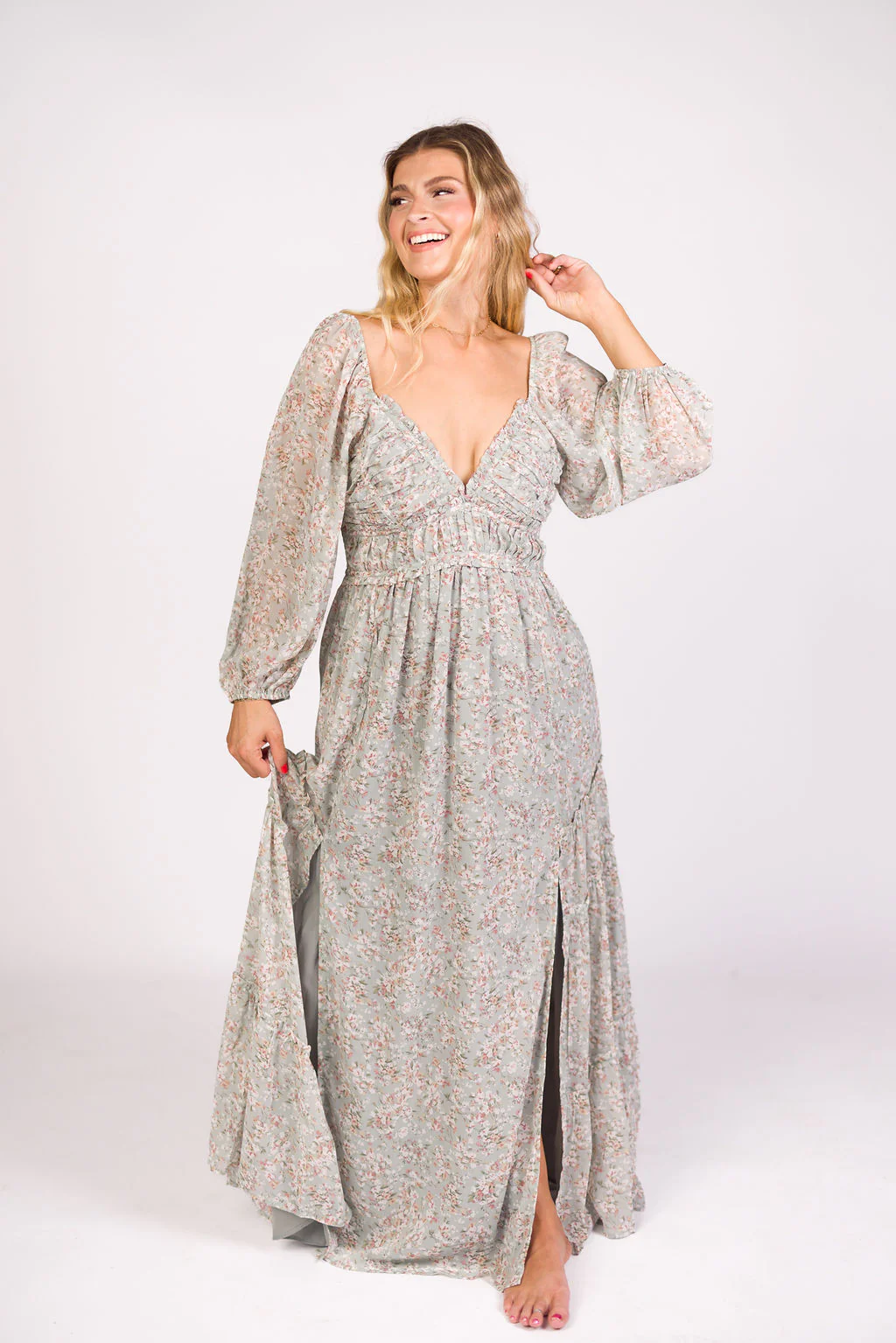 Daphne Long Sleeve Maxi Dress in Sage/Pink/Ivory Floral - Bump Friendly & Inclusive Sizing (XS-3XL) - Image 4
