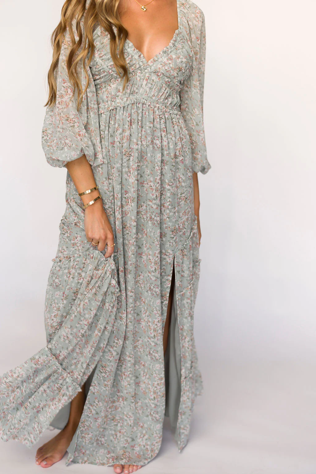 Daphne Long Sleeve Maxi Dress in Sage/Pink/Ivory Floral - Bump Friendly & Inclusive Sizing (XS-3XL) - Image 5