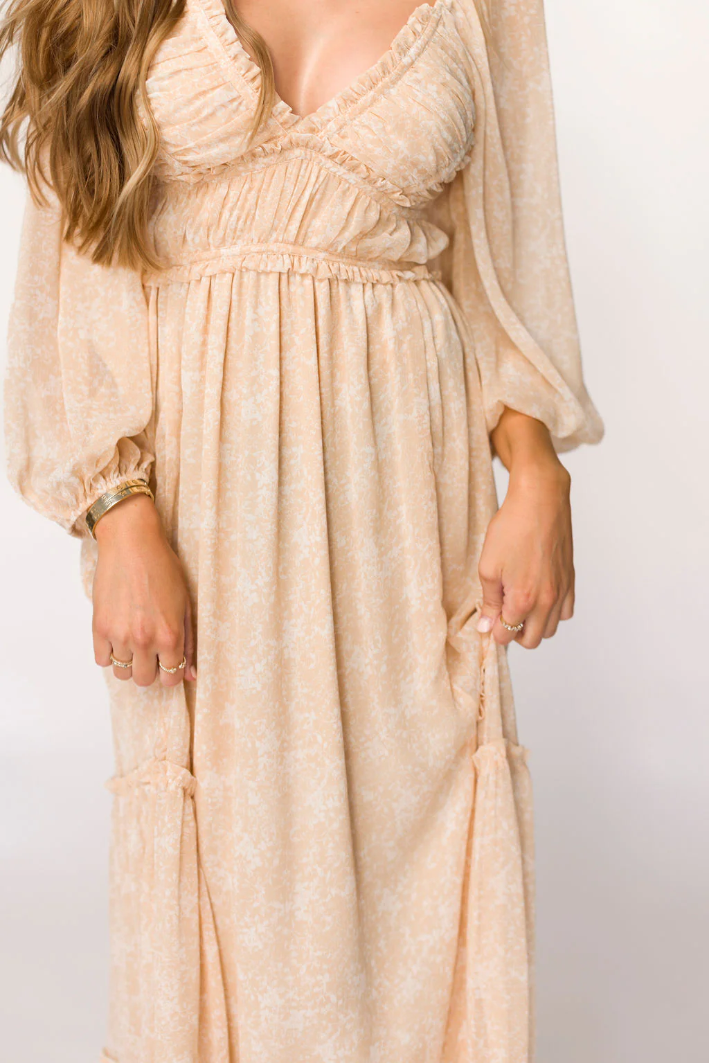 Daphne Long Sleeve Maxi Dress in Light Beige/White Floral - Bump Friendly - Image 10
