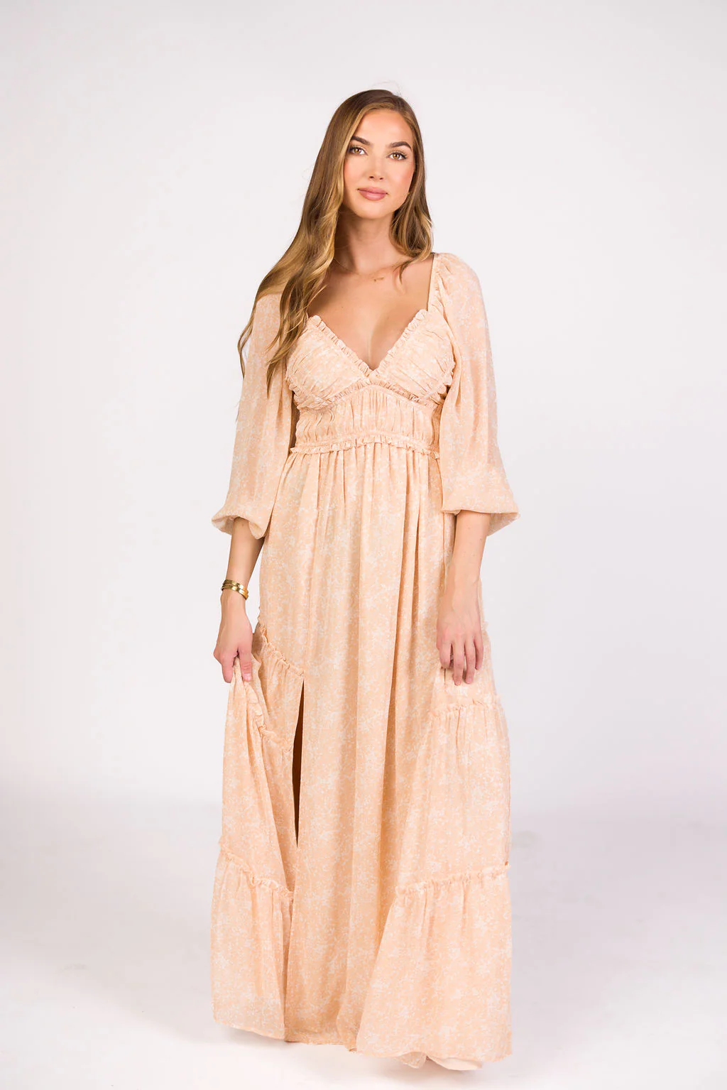 Daphne Long Sleeve Maxi Dress in Light Beige/White Floral - Bump Friendly - Image 11