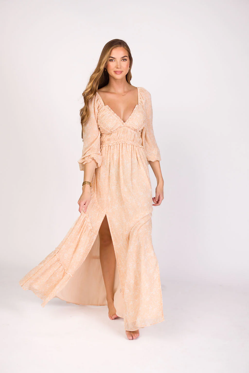 Daphne Long Sleeve Maxi Dress in Light Beige/White Floral - Bump Friendly - Image 12