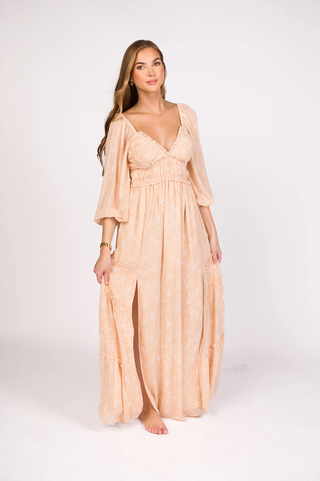 Daphne Long Sleeve Maxi Dress in Light Beige/White Floral - Bump Friendly - Image 14