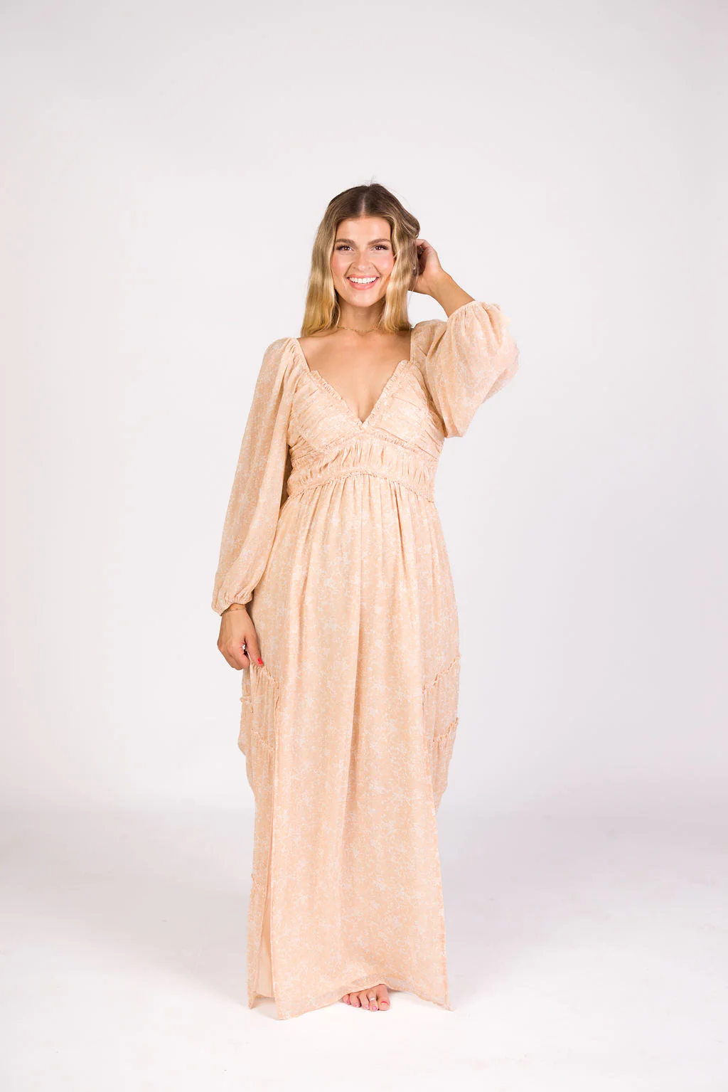 Daphne Long Sleeve Maxi Dress in Light Beige/White Floral - Bump Friendly - Image 15