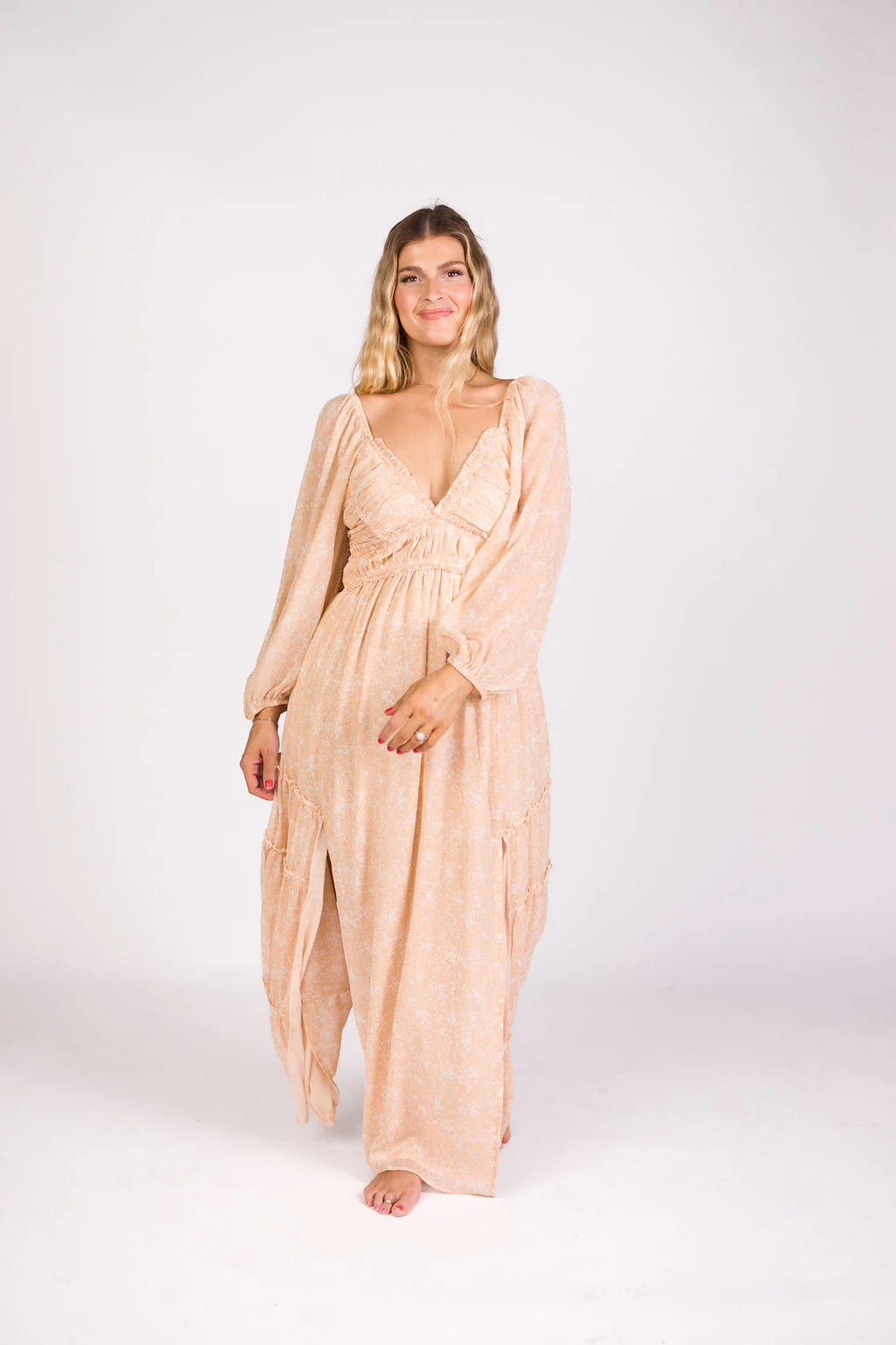 Daphne Long Sleeve Maxi Dress in Light Beige/White Floral - Bump Friendly - Image 16